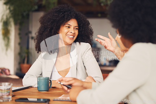 Image of Coffee shop, meeting and happy black woman in conversation, b2b networking and business planning collaboration. Professional people, entrepreneur in restaurant, cafe or remote workspace talking