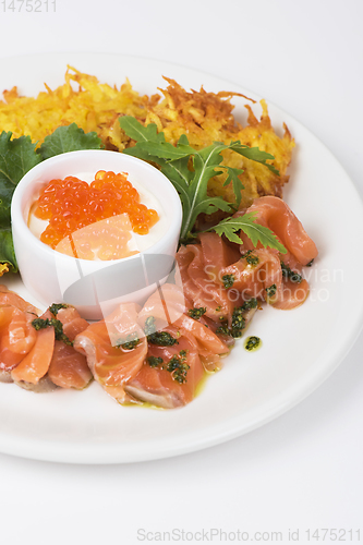 Image of potato pancakes salmon fish and red caviar