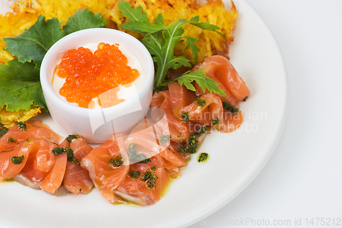 Image of potato pancakes salmon fish and red caviar