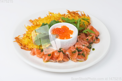 Image of potato pancakes salmon fish and red caviar