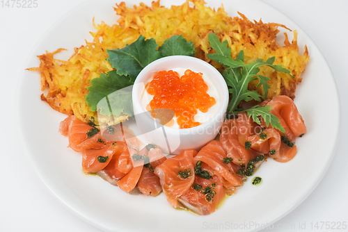 Image of potato pancakes salmon fish and red caviar