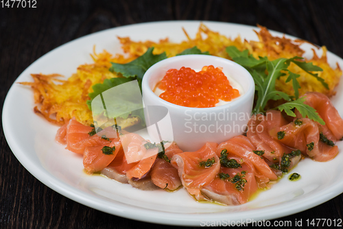 Image of potato pancakes salmon fish and red caviar