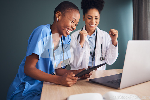Image of Laptop, black women or doctors in celebration of success for healthcare goals, achievement or hospital targets. Tablet, happy medical winners or nurses celebrating winning victory, good news or deal