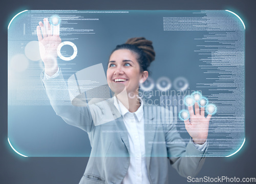 Image of Woman, hands and 3D hologram of dashboard in digital transformation, analytics or data research. Female employee busy on futuristic technology, UI or holographic display for analysis or statistics