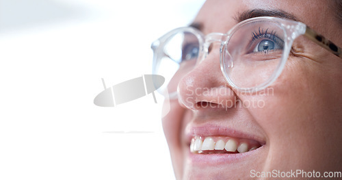 Image of Woman, vision and glasses, face and smile with mockup space, designer frame and prescription lens. Optometry, health for eyes and eyewear, eye care and thinking with happy female in closeup