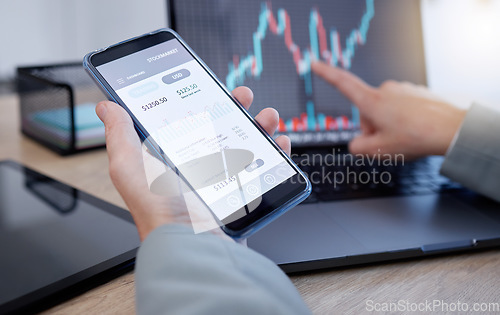 Image of Hands, phone and laptop in trading for cryptocurrency, NFT or blockchain monitoring candle stick chart of investment. Hand of trader or broker with smartphone app on stock market for ecommerce