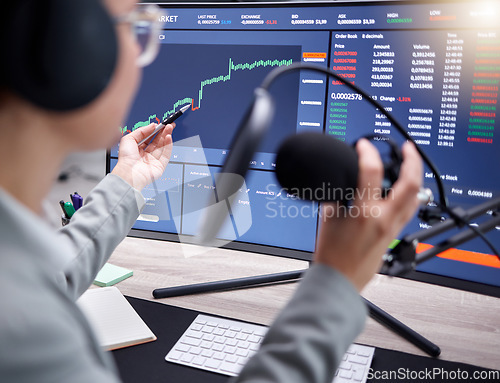 Image of Stock market podcast, microphone and digital graph of investment growth with radio presenter. Fintech influencer, stocks chat and trading information communication of social media online speaker