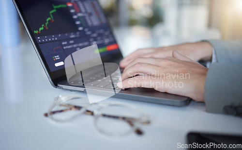 Image of Hands, laptop and typing in trading for cryptocurrency, NFT or blockchain monitoring, chart or profit of investment. Hand of trader, investor or broker with computer on stock market for ecommerce