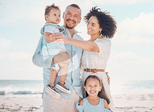 Image of Happy portrait, beach love and family bonding, relax or enjoy quality time together for vacation, holiday peace or ocean freedom. Sea water, outdoor travel or nature people in Rio de Janeiro Brazil