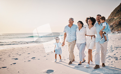 Image of Family, grandparents and children walking on beach for holiday, vacation and bonding on weekend trip. Travel mockup, summer and kids holding hands with mom and dad for adventure, sunset and relax