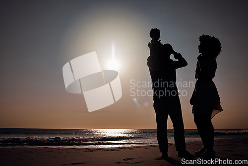 Image of Sunset silhouette, beach love and family bonding, relax or enjoy quality time together for vacation, holiday peace or freedom. Sea water, travel mockup and outdoor nature people in Sydney Australia