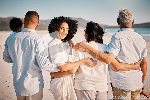 Image of Love hug, beach portrait and family walking, bond or enjoy quality time together for vacation, holiday peace or freedom. Ocean sea, summer travel or back view of relax people in Rio de Janeiro