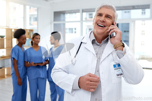 Image of Phone call, hospital office and senior doctor online for research, telehealth and medical consulting. Healthcare, clinic and happy man health worker on smartphone for talking, discussion and speaking