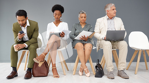 Image of Human resources, technology and business people waiting in line for a recruitment interview. Hiring, resume or cv with a man and woman employee sitting in an hr candidate row for opportunity