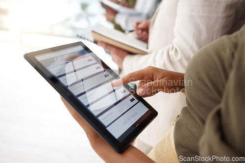 Image of Woman, hands and tablet checking job listing for hiring, opportunity or recruiting agency at office. Hand of female recruiter or intern searching online on touchscreen for recruitment or employment