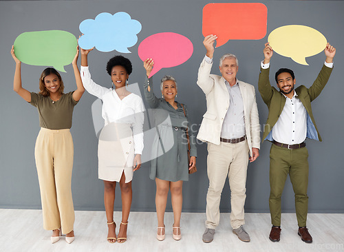 Image of Comment, portrait and mockup with business people and speech bubble for voice, social media or forum. Opinion, vote and branding with group and chat sign for idea, communication and text message icon