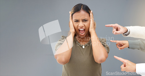 Image of Shouting, pointing and fingers with portrait of woman for bullying, shame and accusation with mockup. Fraud, blame and judgment with employee for negative, conflict and responsible in workplace