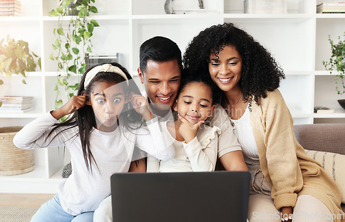 Image of Video call, funny and family with a laptop for communication, movie or conversation online. Comic, bonding and parents with children for connection, photo or streaming on the internet with tech