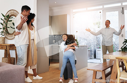 Image of Welcome, happy and hug with grandparents and family in living room for bonding, greeting and meeting. Smile, affectionate and generations with children and parents at home for hello, embrace or visit
