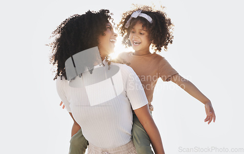 Image of Mockup, mother and girl with smile, piggy back and love with quality time, holiday and celebration. Family, mama and daughter with happiness, bonding and loving on weekend break, carefree and relax