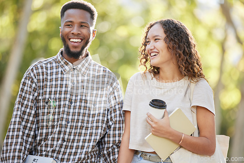 Image of Love, couple and friends outdoor, walking and happiness with joy, quality time and relax together. Romance, black man and woman on campus, students and cheerful for relationship, summer and break