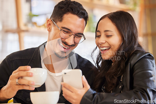 Image of Love, couple in cafe and smartphone for social media, connection and quality time to relax. Romance, happy man and woman with cellphone, coffee shop and bonding on break, happiness or loving together