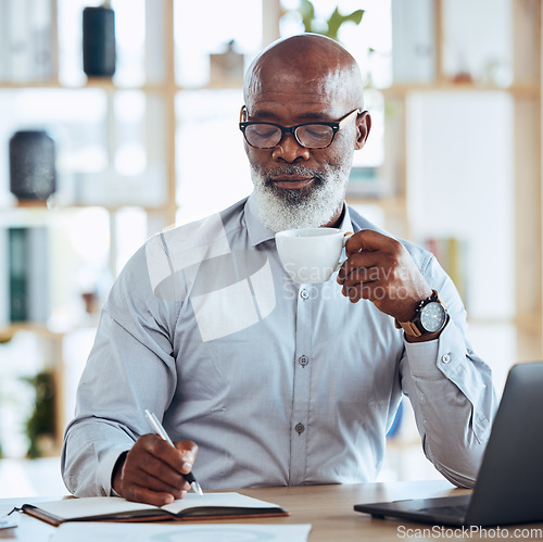 Image of Black man, drinking coffee or notebook writing in corporate office for finance budget, taxes audit planning or financial growth. Serious, CEO or businessman with tea, laptop technology or report book