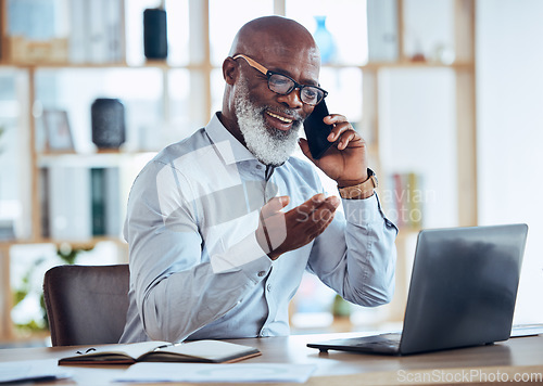 Image of Happy black man, laptop or phone call in corporate networking, negotiation or client rapport on finance loan deal. Smile, talking or ceo businessman on mobile communication technology or conversation