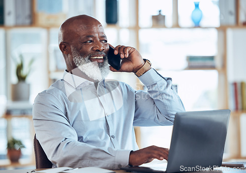 Image of Talking black man, laptop or phone call in corporate networking, negotiation or client rapport on finance loan deal. Smile, happy or ceo businessman on mobile communication technology or conversation