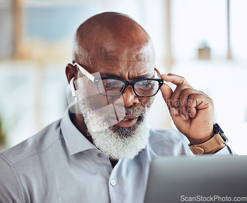 Image of Confused black man, glasses or reading laptop in corporate office of finance budget crisis, taxes audit problem or financial loss. Mature CEO, doubt or businessman with technology or investment fail