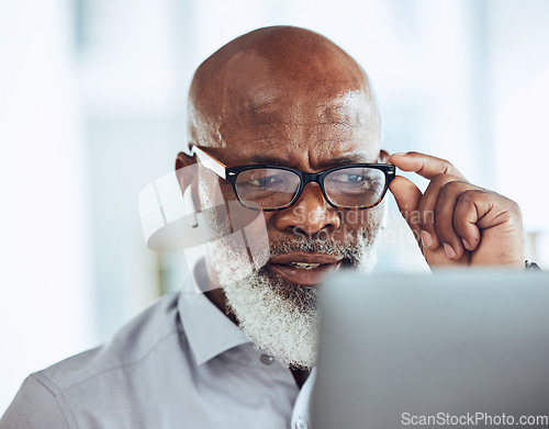 Image of Confused businessman, glasses or reading laptop in corporate office of finance budget crisis, taxes audit problem or financial loss. Worried CEO, doubt or black man with technology or earphones fail