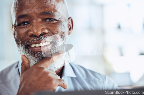 Image of Black man, portrait and corporate worker in office with success mindset, growth planning or interest on mockup space. Zoom, face and mature CEO businessman with leadership, management or confidence