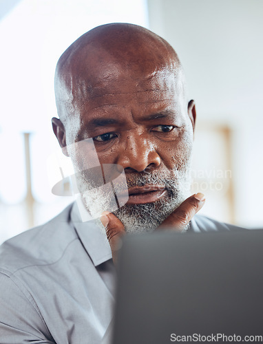 Image of Ceo, black man and thinking with glitch, stress and anxiety in workplace, computer and deadline. African American male leader, manager and entrepreneur with confusion, research and connection issues