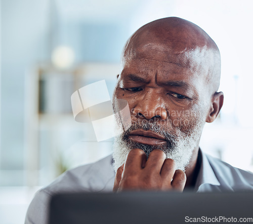 Image of Business, confused and black man thinking, stress and deadline for project, information technology problem and glitch. African American male employee, leader and manager with serious face or research