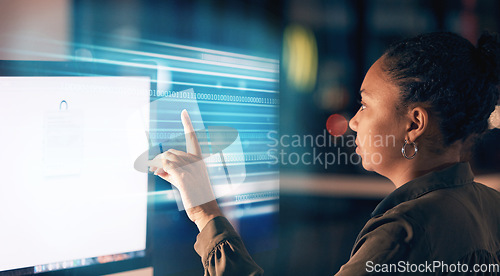 Image of Computer, hologram and woman in the office with a user interface for research or cyber networking. Technology, 3d overlay and female employee working with futuristic fintech in the workplace at night