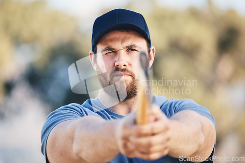 Image of Target, focus and axe throwing with man in nature and aim for sports, training and tomahawk skills. Exercise, goal and hunting with athlete and hatchet in range for bullseye, ready and competition