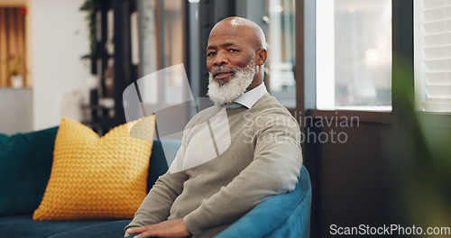 Image of Senior black man, business leadership and portrait of elderly ceo, management and working in office lounge with vision, motivation and trust for goals. Company manager, executive and boss with pride