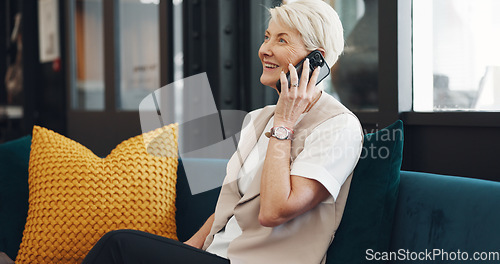 Image of Phone call, travel and business woman in lobby for global networking, customer service and hospitality check, review or update. Smartphone, success and senior ceo or boss talking on sofa in a hotel