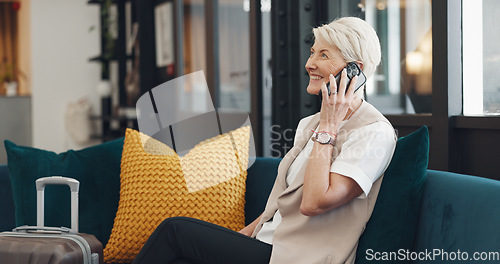 Image of Phone call, travel and business woman in lobby for global networking, customer service and hospitality check, review or update. Smartphone, success and senior ceo or boss talking on sofa in a hotel