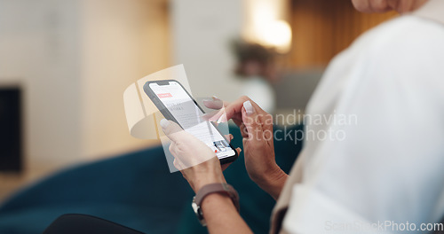 Image of Hands, woman and phone screen for online shopping, reading post or target advert. Female, closeup or smartphone for product website, marketing ad or social media for chatting, connectivity or texting