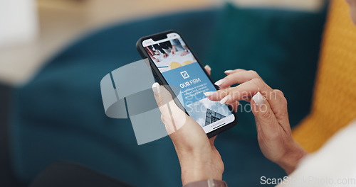 Image of Hands, woman and phone screen for online shopping, reading post or products website. Female, lady and smartphone for target advert, marketing ads or social media for connectivity, chatting or texting