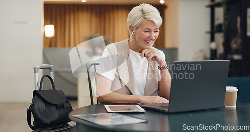 Image of Video call, virtual meeting and laptop with a business woman remote working from an airport waiting terminal. Computer, communication and business meeting with a senior female employee at work