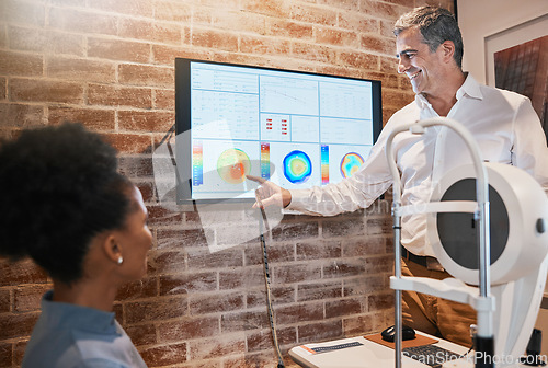 Image of Optometry, technology and optometrist explaining to a patient her eye test results in clinic. Healthcare, medical and man optician in discussion with woman on ophthalmology wellness in optical store.