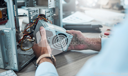 Image of Hardware, repair and computer with hands of man for cpu system, maintenance or it engineering. Electronic, motherboard and circuit with technician fixing equipment for technology, microchip or expert