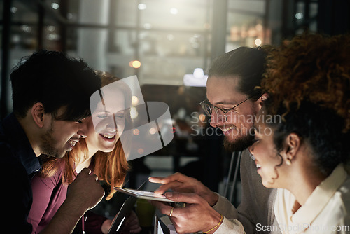 Image of Dark business, people and teamwork on tablet for planning, research and collaboration in night office. Happy diversity, digital technology and overtime in agency, group strategy and app connectivity