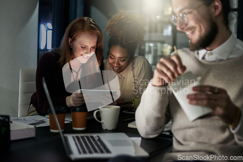 Image of Technology, teamwork and night with business people working late on a deadline in their office. Collaboration, diversity and project management with an employee team at work in the dark for overtime