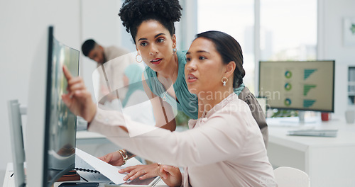 Image of Women, report documents and computer for coaching, goals and business kpi for teamwork planning. Black woman team, paper and training at investment agency with data, collaboration and market research