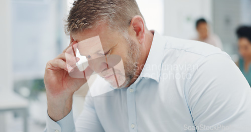 Image of Stress, burnout and man with depression in office, tired and exhausted. Mental health, anxiety and sad mature male with migraine, headache or depressed after failure, mistake or error in workplace.