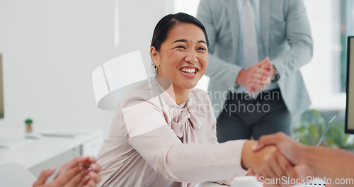 Image of Handshake, applause or woman with success for meeting sales growth target or kpi goals with a marketing strategy. Computer, congratulations or happy worker shaking hands with excited business people