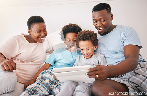 Image of Black family, tablet and kid video watching of a mother, dad and children in a home at morning. Digital app, online and child education app with a mama, boys and father together with happiness